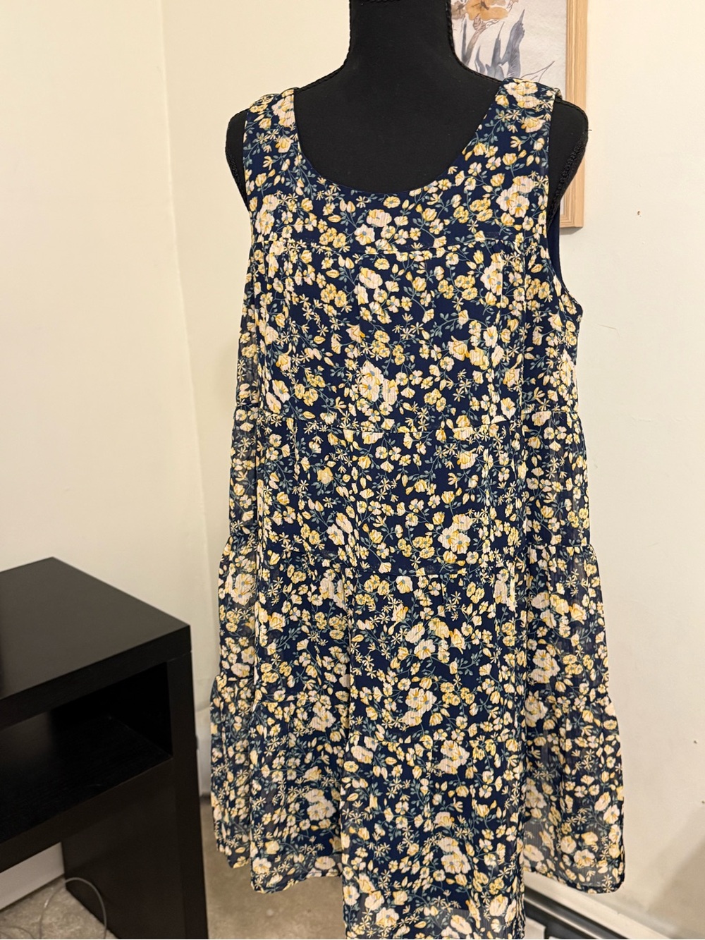 Lily Rose M Navy Yellow Floral Tiered Lined Sleeveless Dress